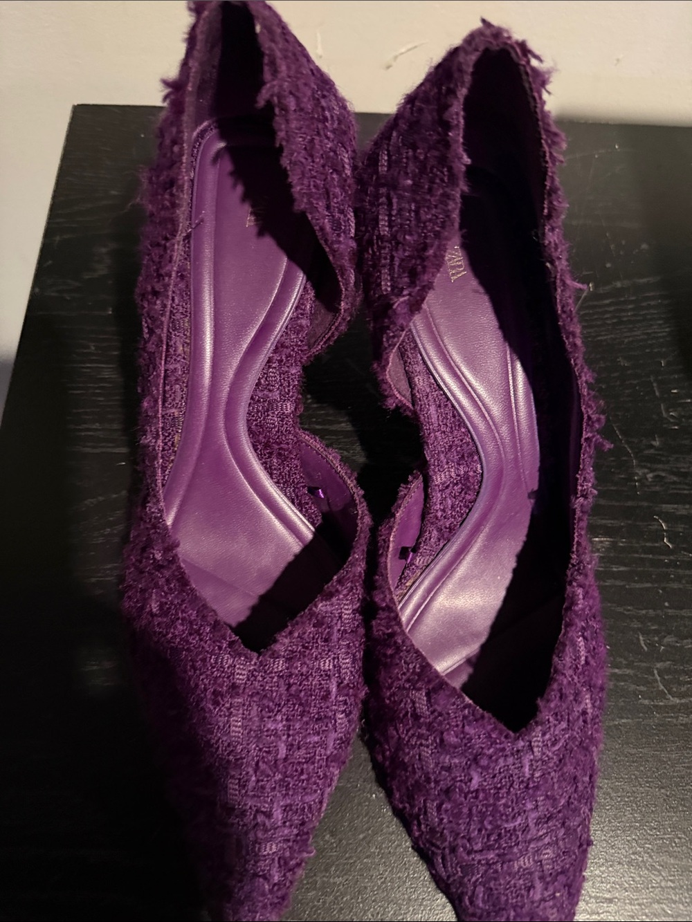 Zara Deep Purple Pointed-Toe Tweed Flats